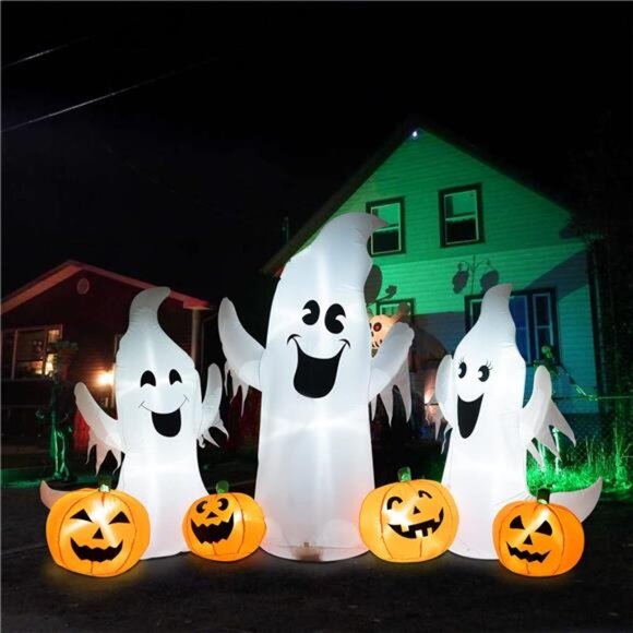 7FT Length Halloween Inflatable Ghosts and Pumpkins, 3 Ghosts Inflatables - Picture 1 of 7